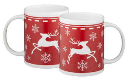 2er Set Keramikbecher  Weihnachten Hirsch Schneeflocken rot weiß,Motiv: Hirsch