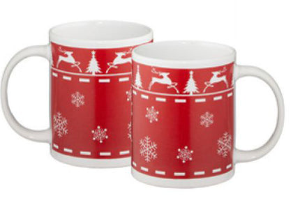 2er Set Keramikbecher  Weihnachten Hirsch Schneeflocken rot weiß, Motiv: Schneeflocke