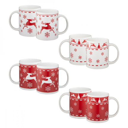 2er Set Keramikbecher  Weihnachten Hirsch Schneeflocken rot weiß, Motiv: Schneeflocke