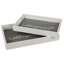 2er Set Tablett Lieblingsmensch  weiß schwarz Holz mit Kreideoptik in 2 Größen 35x24 & 30x20 für Valentinstag