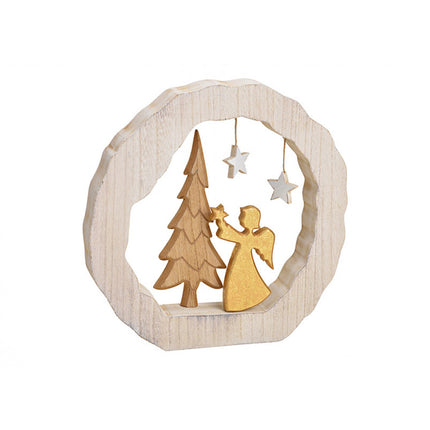 Dekorativer Aufsteller Engel mit Baum im Kreis  Holz Metall 28 cm Hoch