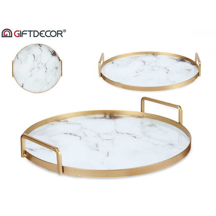 Tablett 25 cm Durchmesser mit Gold-Griffen mit weißem Glas und Marmoreffekt