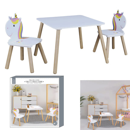 Kinderzimmer Tisch mit 2 Stühlen Einhorn-Motiv lila mit Regenbogenfarben