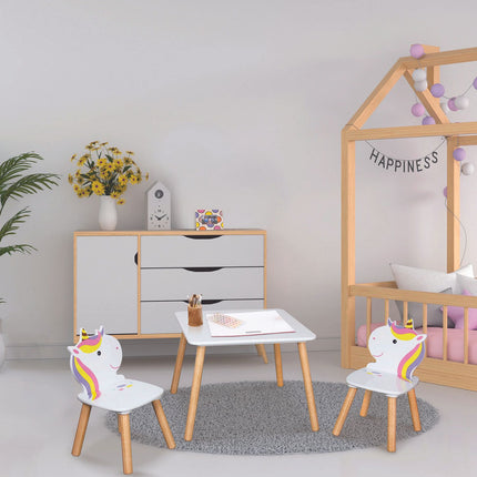 Kinderzimmer Tisch mit 2 Stühlen Einhorn-Motiv lila mit Regenbogenfarben
