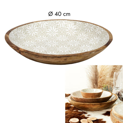 Salatschüssel Mangoholz Motiv Blumen Fayence beige weiß Durchmesser 40cm