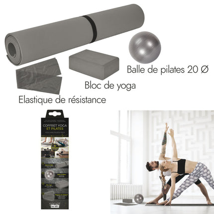 Yoga- und Pilates-Set mit 4 Teilen: Yogamatte Yogablock elastisches Band und Ball grau
